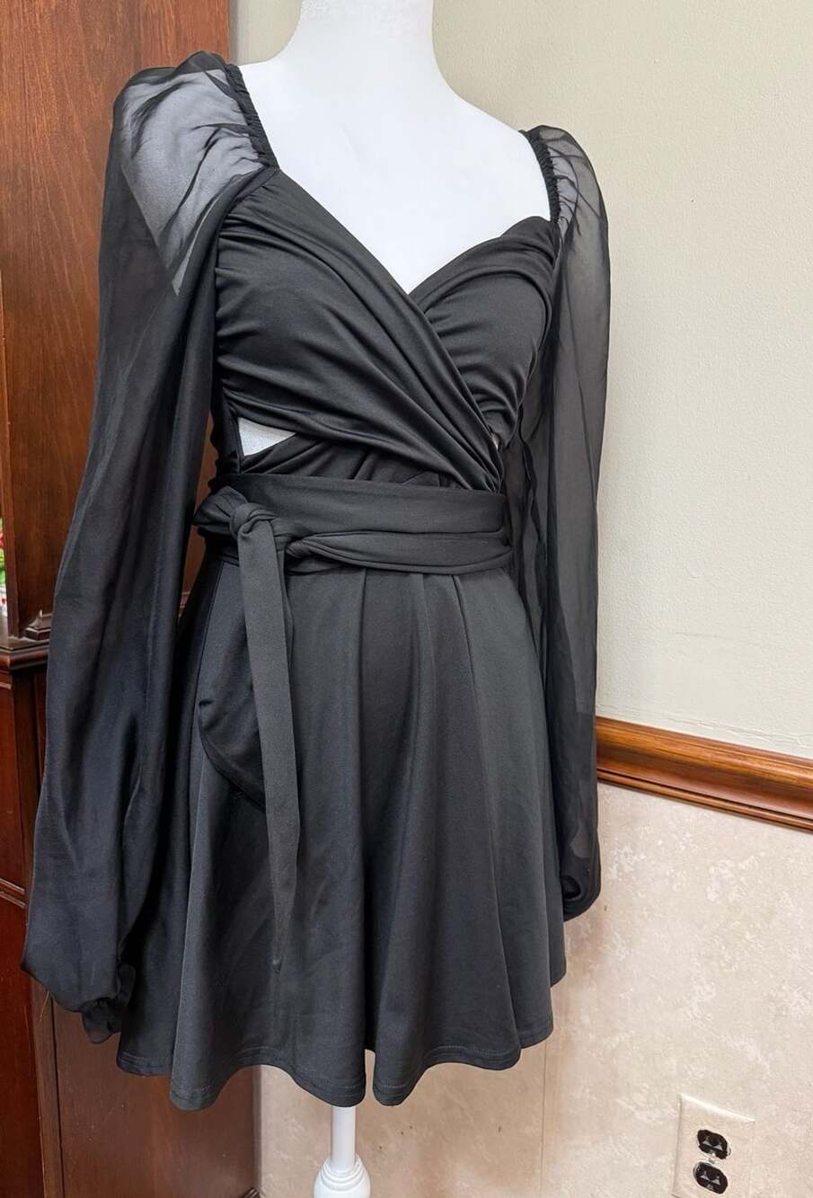 Lucy in the Sky Black Long Sleeve Sheer Sleeve Mini Dress